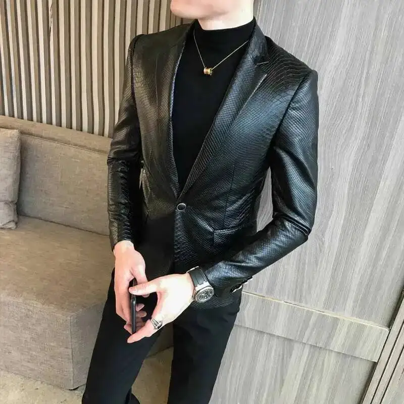 

One Button PU Blazer Men Slim Fit Blazer Masculino Black Mens Blazer Para Hombre Vintage Prom Blazers For Men