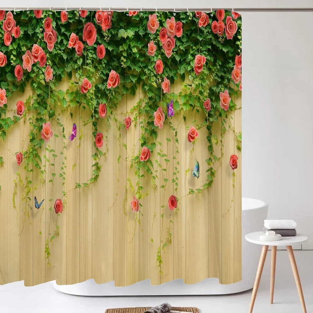 

Waterproof Shower Curtain for Bathroom Nature Flower Rose Butterfly Bath Curtains Printed Fabric Bath Screen Decor with 12 Hooks