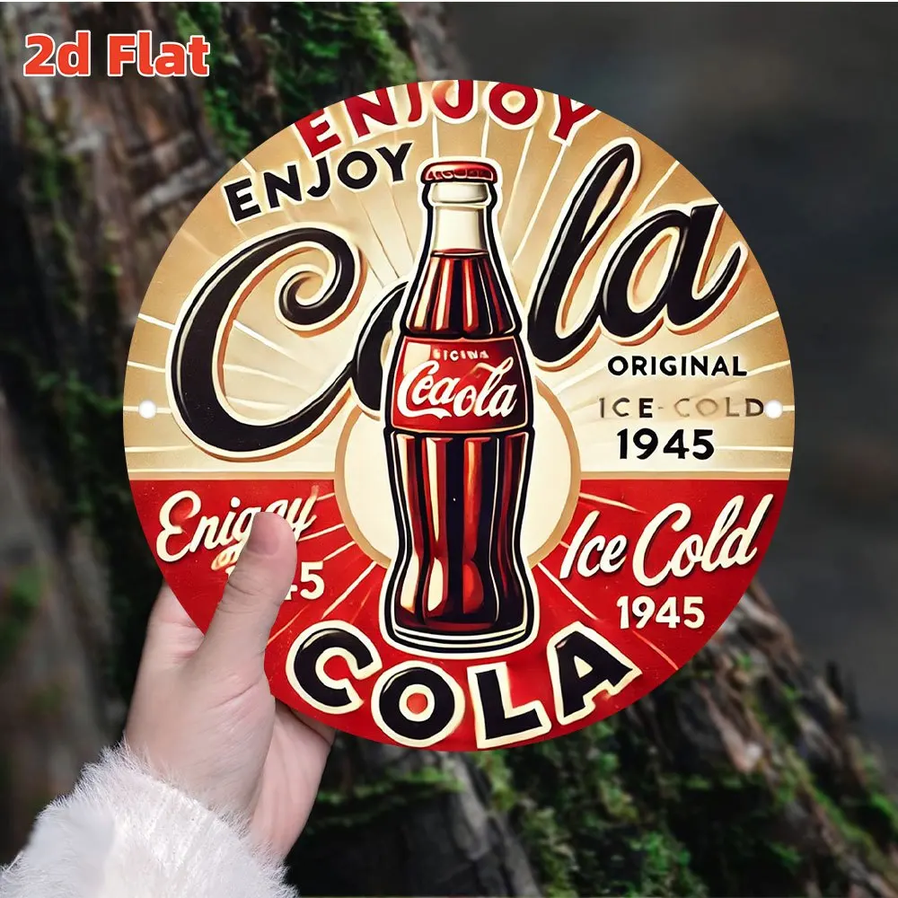 مسطح ثنائي الأبعاد، [مسطح] قطعة واحدة مستديرة عتيقة 1945 استمتع بعلامة كولا آيس كولد - ديكور حائط من الألومنيوم للمنزل والبار، للسيارة والحديقة -