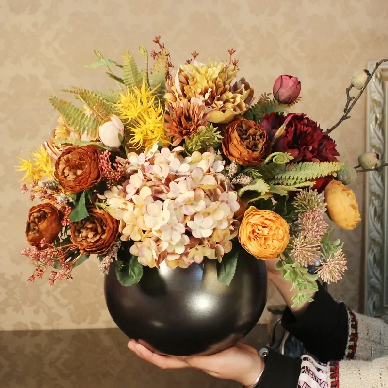 Retro old peony flower simulation bouquet flower art hand bouquet Mori European ornament living room coffee table decoration