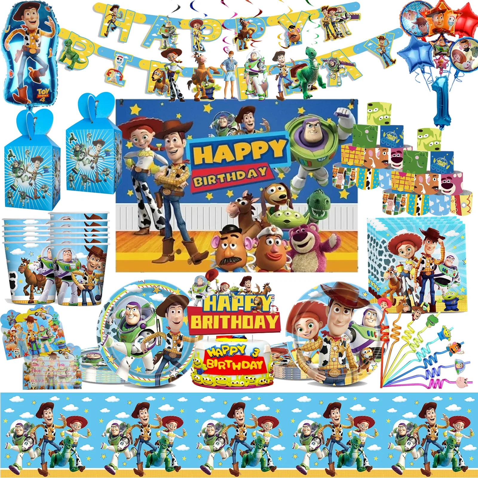 ديكورات لعبة قصة عيد ميلاد ديزني ، أغطية علوية للكعك ، أطباق ، أكواب ، مفرش مائدة ، طنانة مضيئة ، مجموعة بالونات للأطفال ، لوازم الحفلات