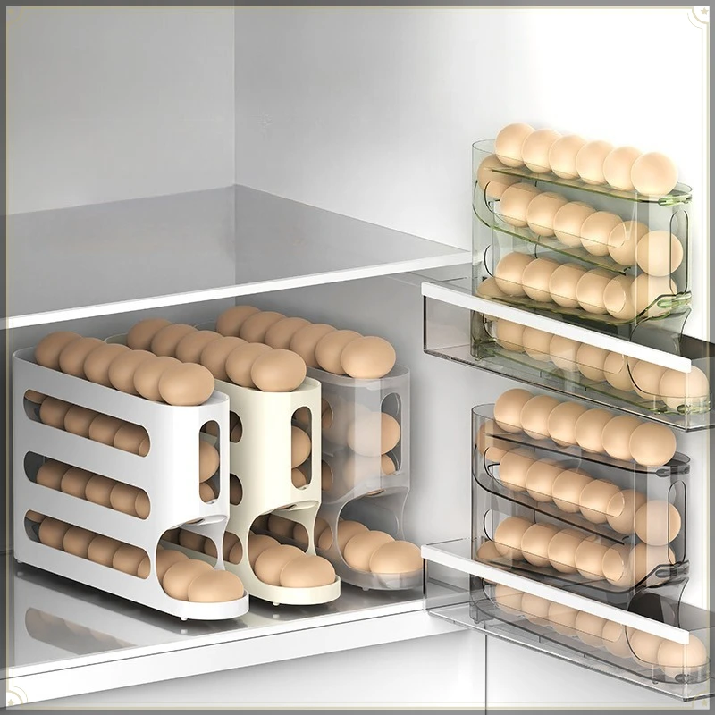 Rolling Egg Storage Holder PP 4 Tier Ladder Style Large Capacity Bottom Support Design Easy Clean Fridge Side Door Egg Rack