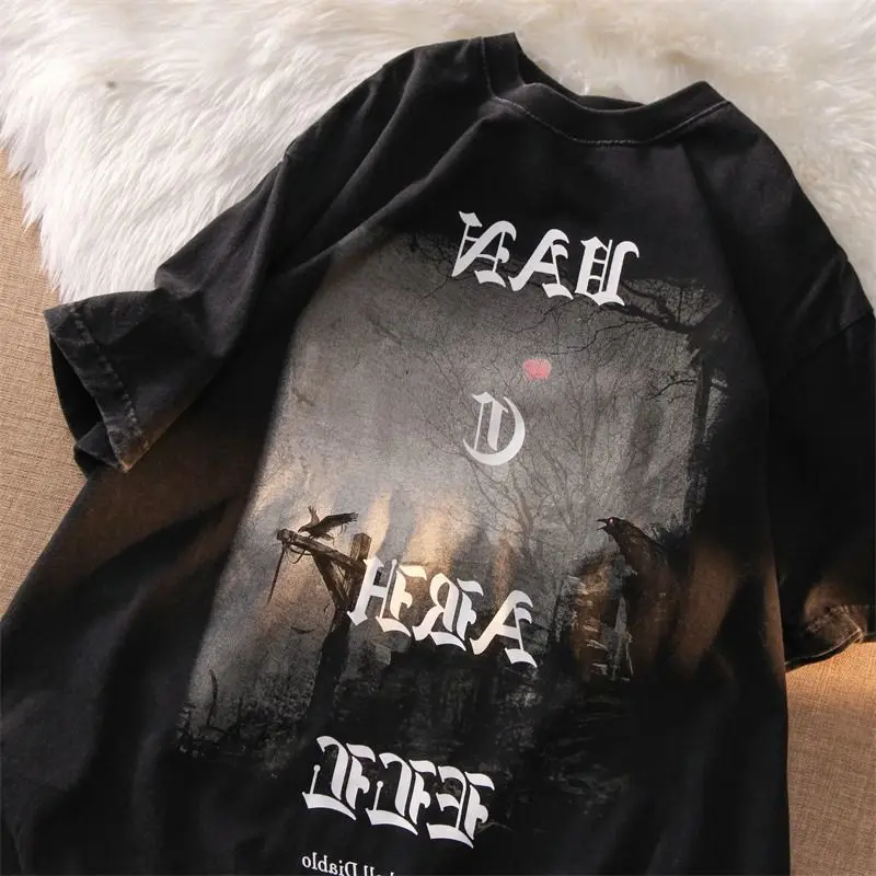 

Pure cotton national fashion brand dark forest print short-sleeved T-shirt for men and women summer niche street style hip-hop