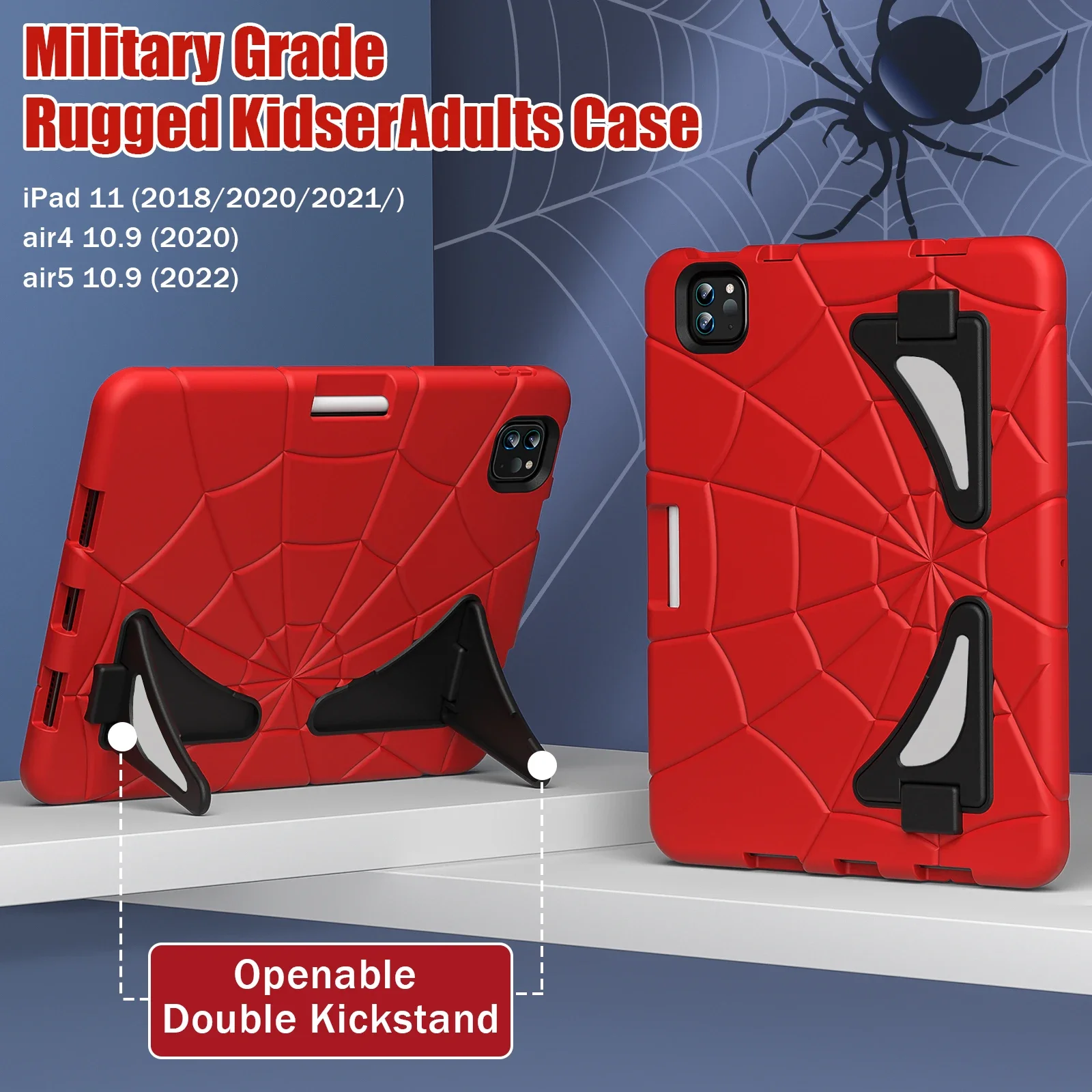 Custodia per bambini antiurto per iPad Pro 11 4th 3th 2th 1th Silicone + PC Spider Cover per Air 5 4 10.9" Cavalletto incorporato e slot per penna