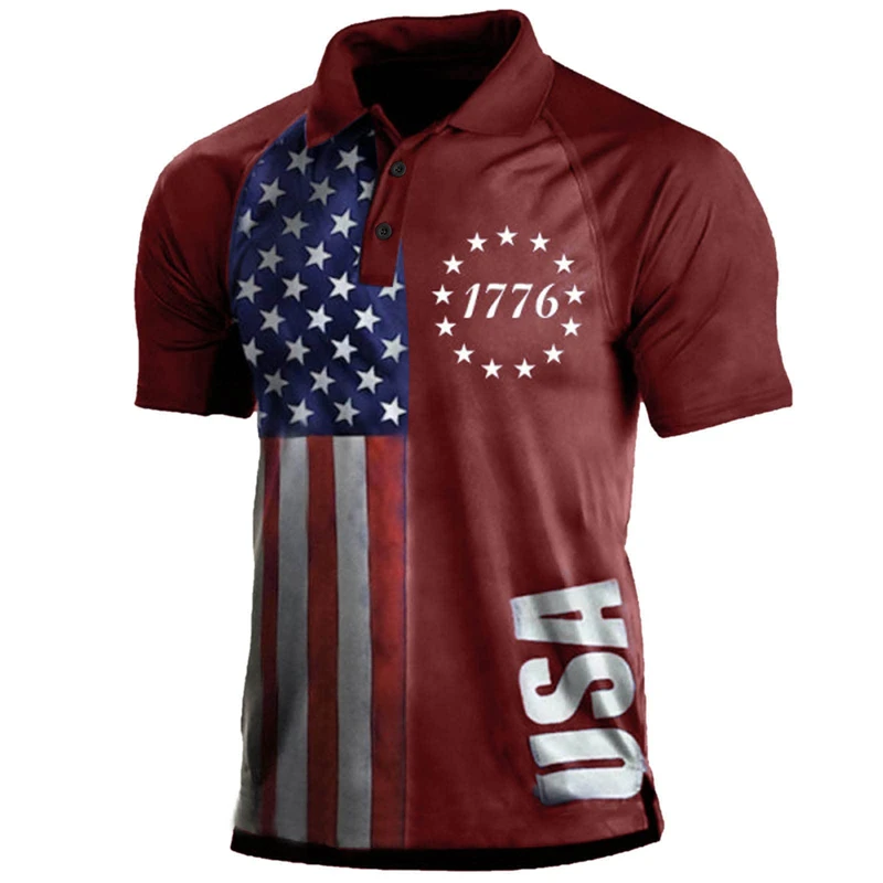 Bandeira americana masculina em 3D estampada camisa polo de manga curta, moletom casual, streetwear vintage, blusa solta, verão
