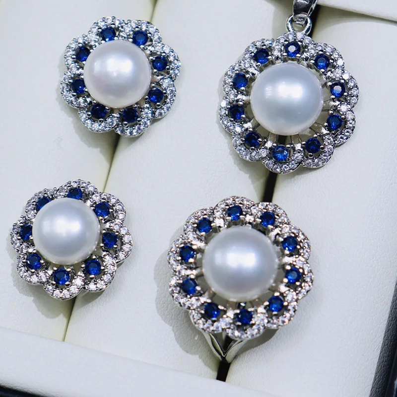 one set  freshwater pearl white/gray/pink/purple/gray/yellow/black  earring ring pendant +zircon hook