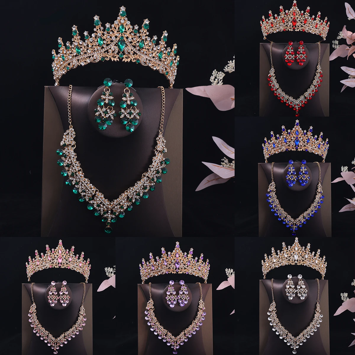Women's rhinestone crown jewelry set—includes a gold crown, necklace, and earrings suitable as bridal wedding headwear.