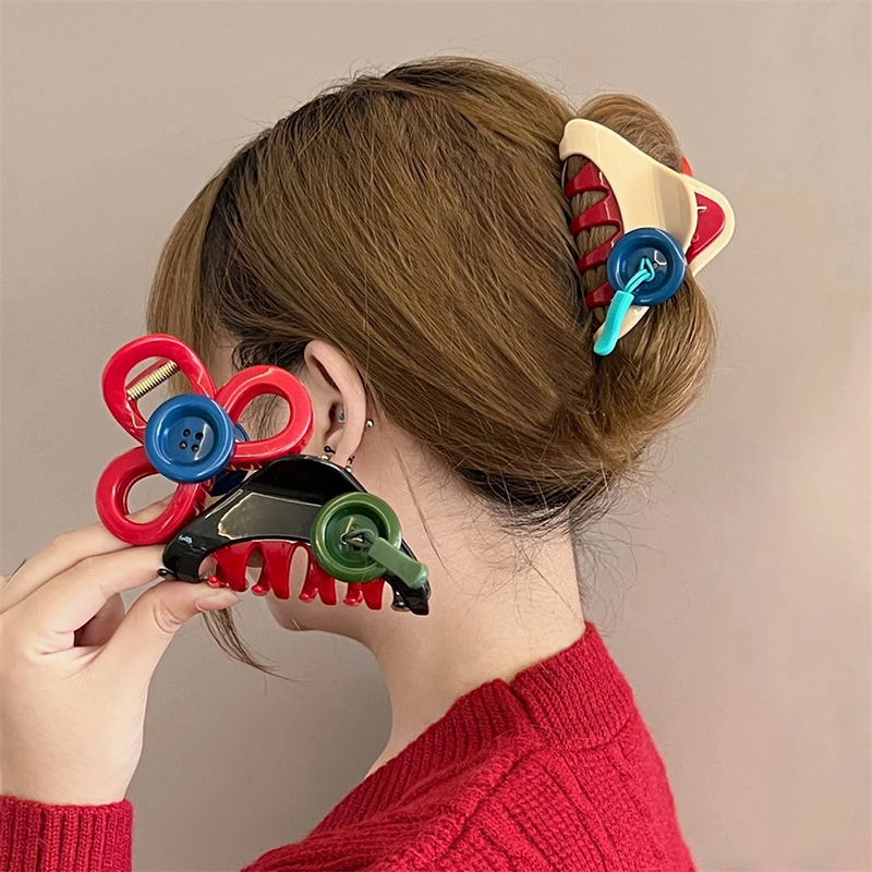 

Vintage Wine Red Bowknot Button Grip Clip Women's Button French Hairpin Design Barrettes Head Shark Clip Hair Accessories