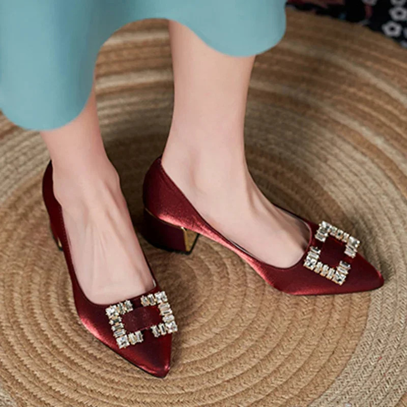 Luxury Square Rhinestone Women\'s Wedding Shoes Spring Silk Pointed Toe Pumps Woman Party Dress Shoes Thick High Heels