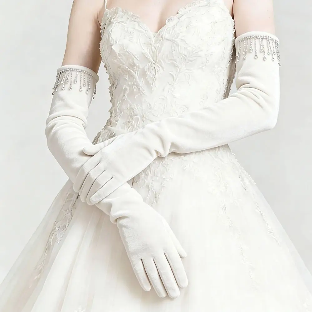 

Элегантные бархатные длинные перчатки с однотонной отделкой, стразами и кисточками, свадебные длинные митенки, мягкие перчатки с полными пальцами для вечернего платья
