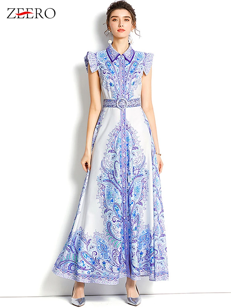 

Runway Summer Blue and Porcelain Print Maxi Dress Elegant Women Casual Holiday Flying Sleeve Party Shirt Dress Belted Vestidos