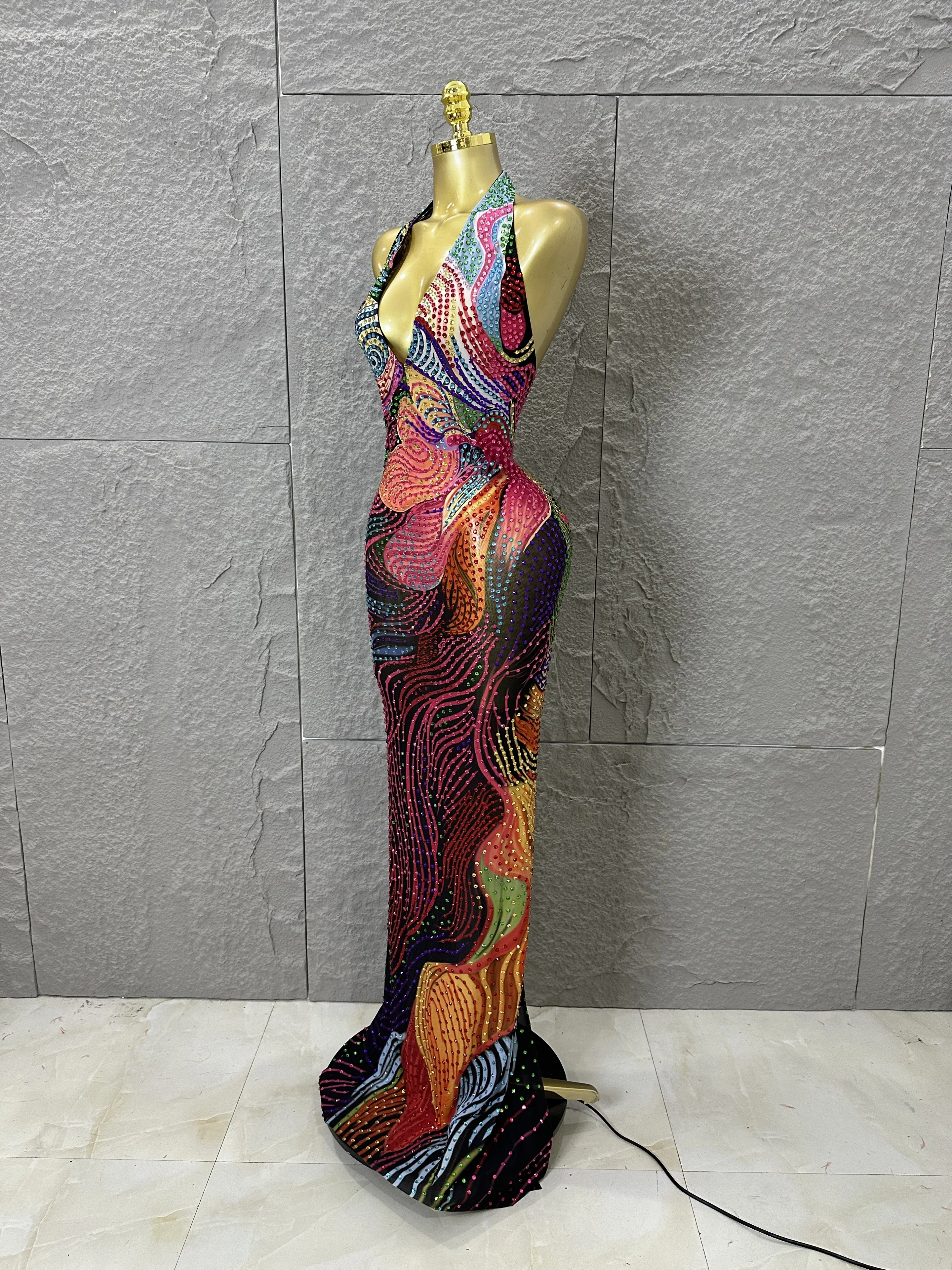 2026 Colorful Rhinestone Print Long Dress Woman Halter Deep V Neck Backless Wom… - Image 2