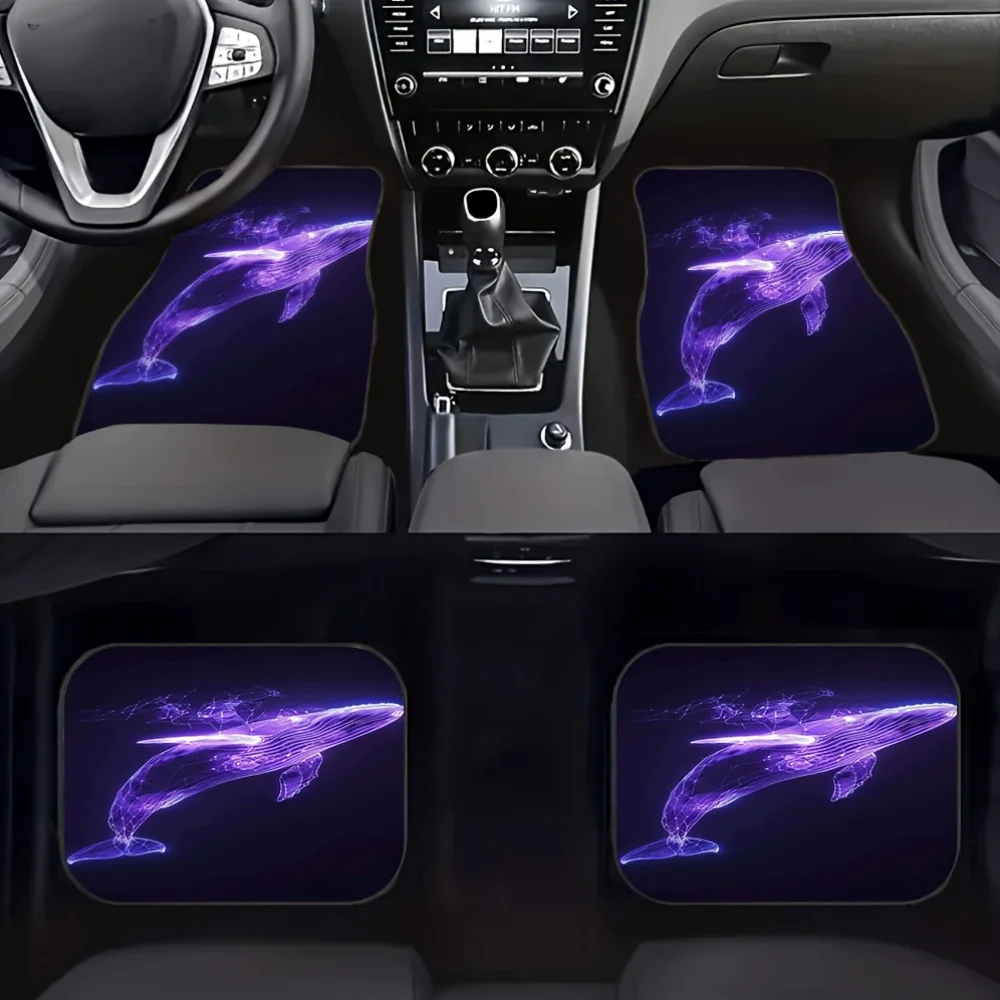 4pcs Glowing Neon/Purple Whale & Ocean Wave Floor Mats Set - Fit All-Weather Dustproof Front & Rear Seat Liners, Modern Interior
