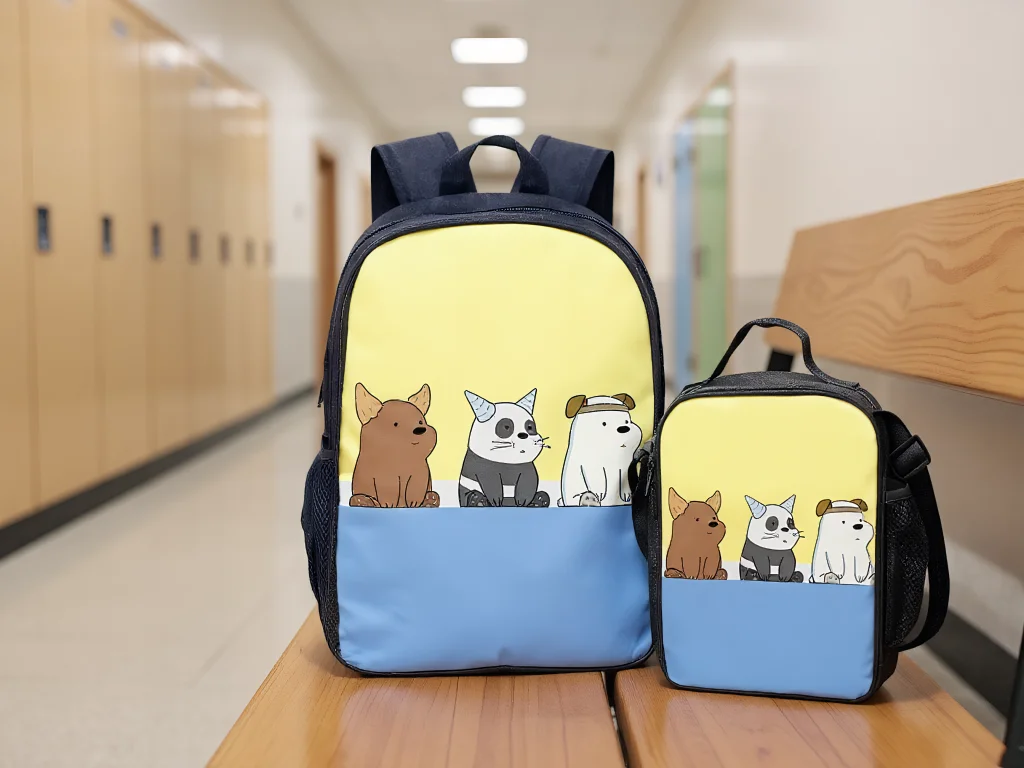 We Bare Bears Trendy Children Knapsack 2Pcs Set-Back to School Backpack and Insulated Lunch Box for Boy