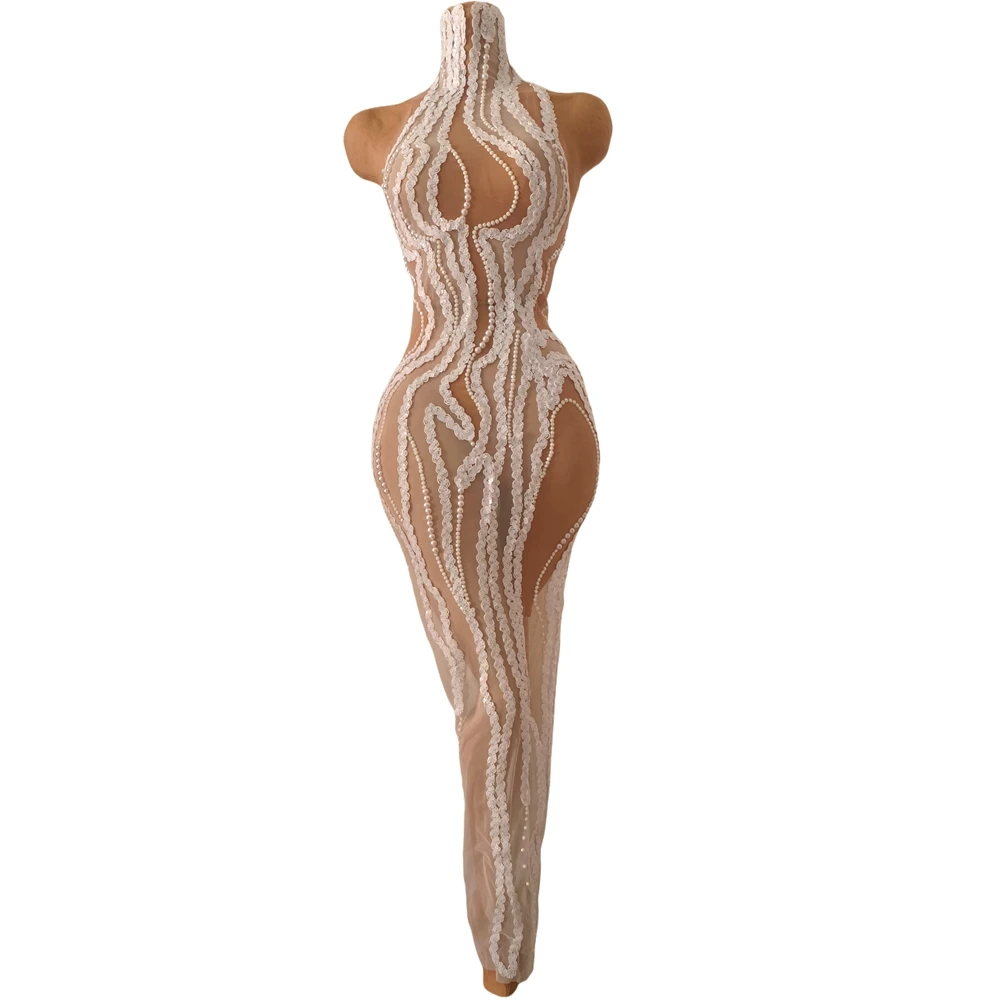 

Блестящее белое платье без рукавов с жемчугом, стразами и пайетками для женщин, сексуальное прозрачное сетчатое платье для выпускного вечера, дня рождения или праздника