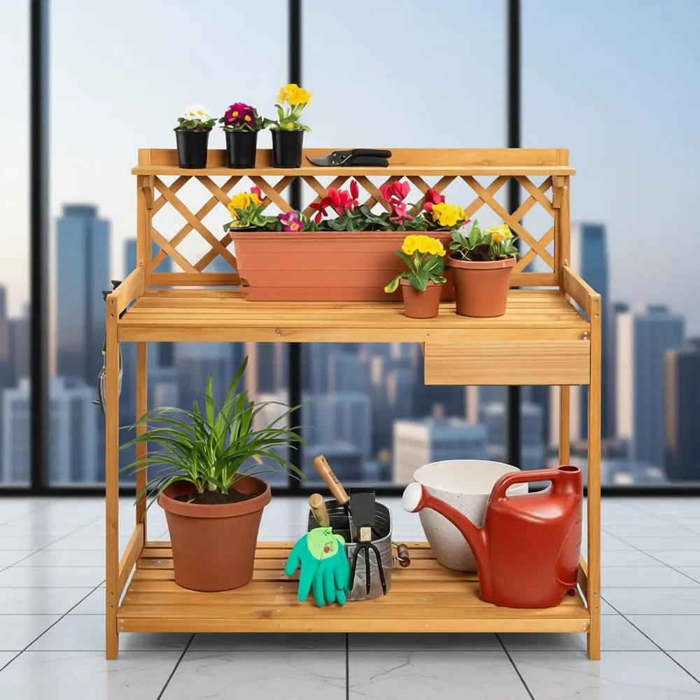

Garden Potting Bench, Wooden Workstation Table with Cabinet Drawer, Open Shelf, Lower Storage, Lattice Back - Natural