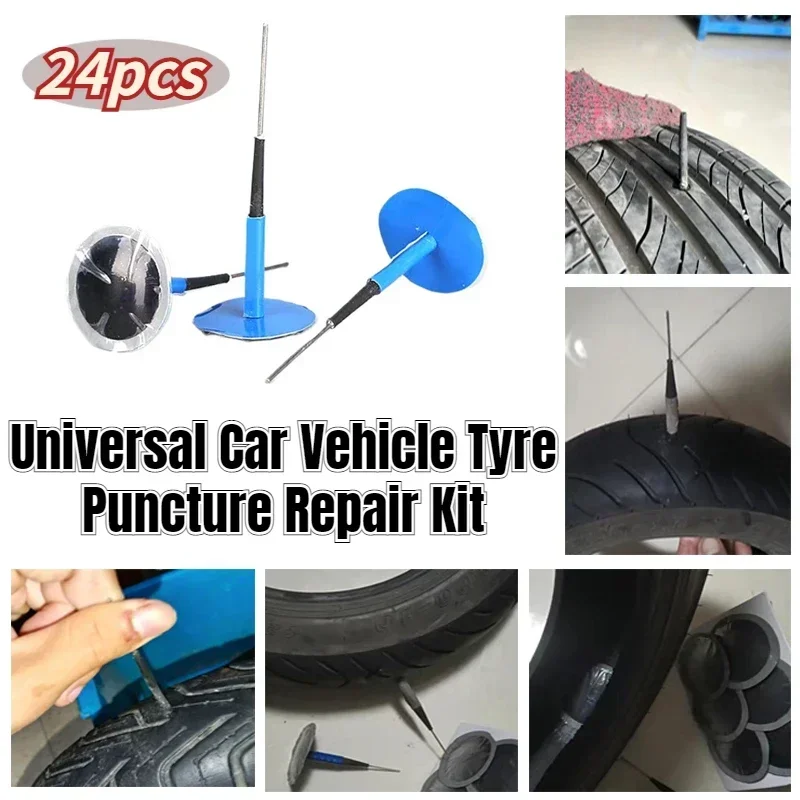 24pcs Universal Car Vehicle Tubeless Tyre Puncture Repair Kit Wired Mushroom Plug Motorcycle Patch Vacuum Tire Plug Patch Gum