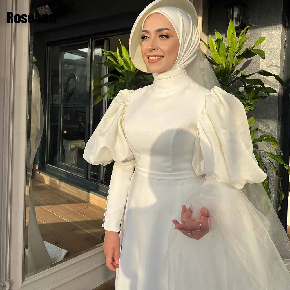 Musulmano 2024 nuovo collo alto a-line abiti da sposa bottone in raso manica a sbuffo pieghe drappeggiate lunghezza del pavimento abito da sposa robe de mariée