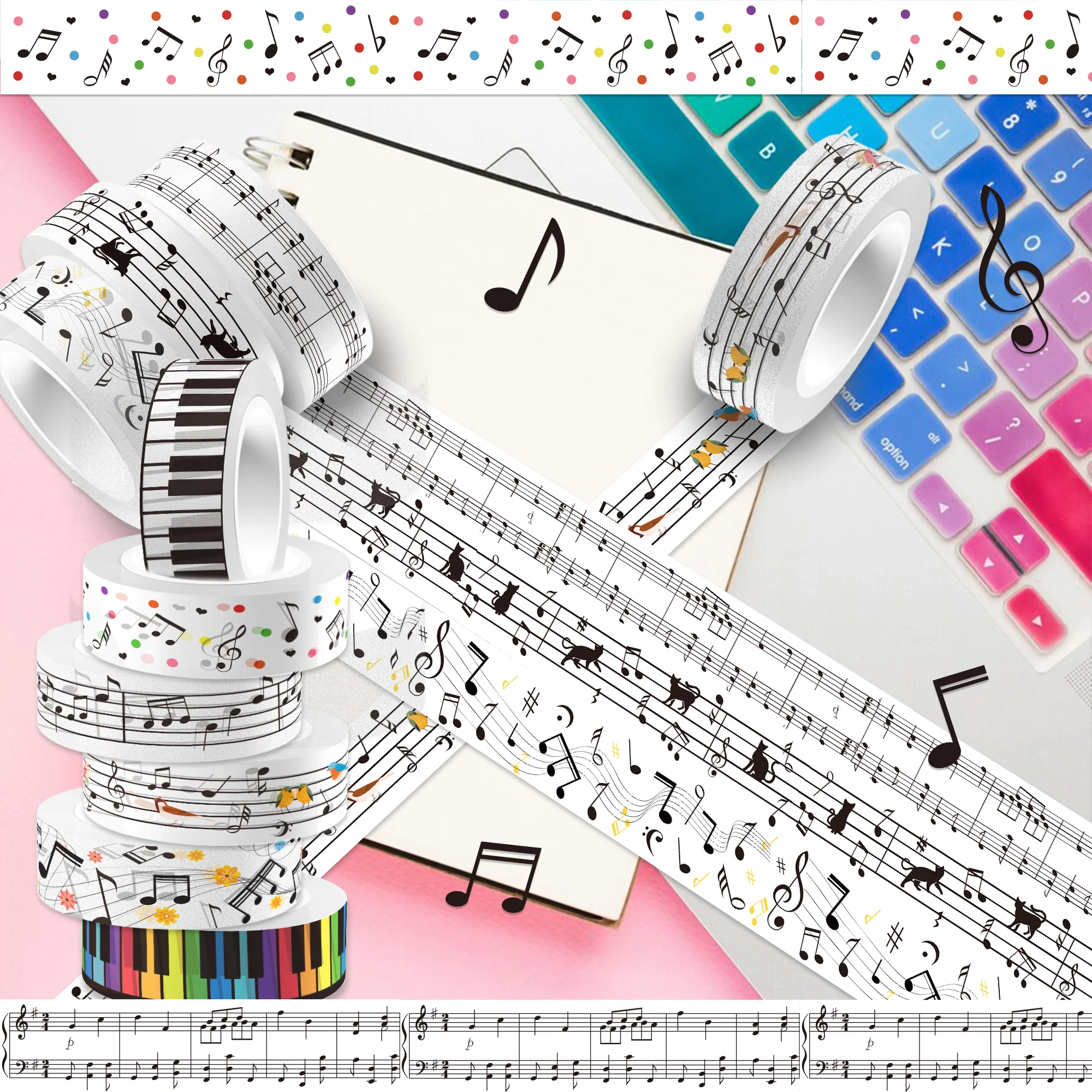 12 Rolls Music Washi Tape Set Musical Note Guitar Piano Keys Decorative Masking Tapes F3024