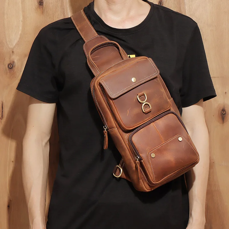 Wild Horse Leather Vintage Men's Long-Sleeved Crossbody Bag with Multiple Pockets, Large Capacity, Waterproof, Shoulder Bag