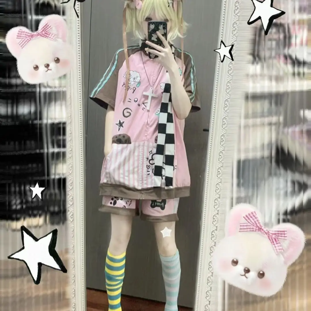 

Japanese Subculture Anime Printed Short Sleeved Hoodies Coat Shorts Casual Suit Womens Two Peice Sets Y2k Tops