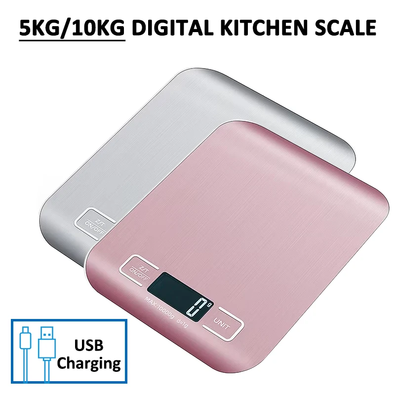 5kg/10kg Digital Kitchen Scale USB Charging Stainless Steel Electronic Scales Home Jewelry Food Snacks Weighing Baking Tools