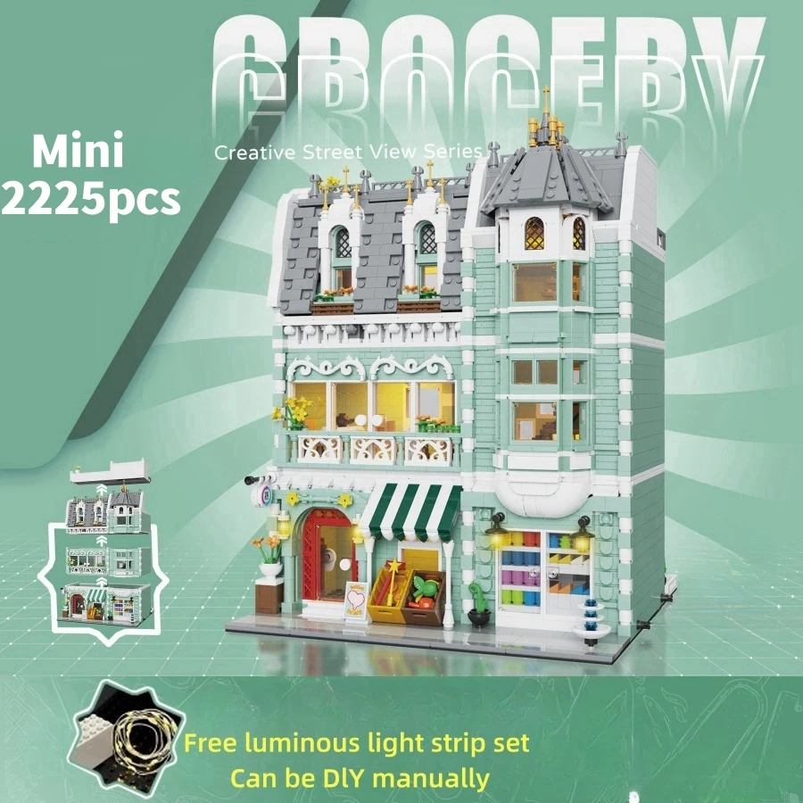 Mercado europeo calle Villa casa modelo bloques de construcción MINI escena arquitectónica creativa luz ensamblar ladrillo juguete regalo para niños