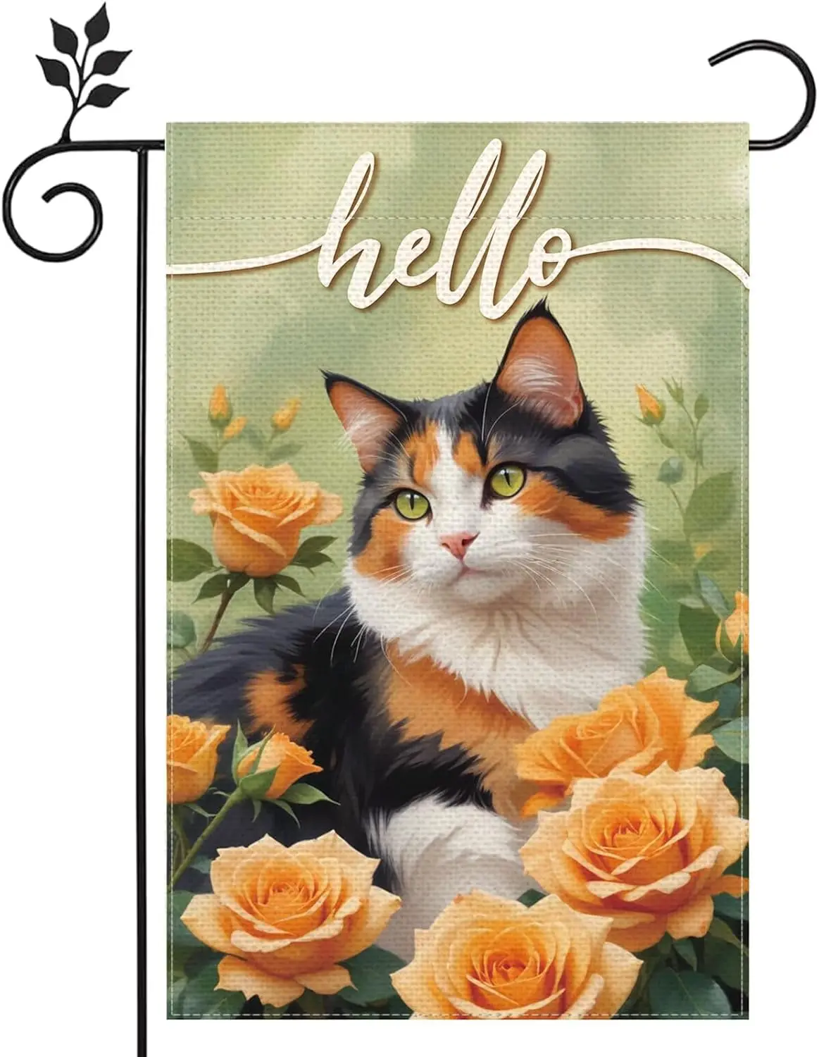 Hello Cat Flowers Garden Flag 12x18 Inch Double Sided Small Burlap Outdoor Yard Lawn Farmhouse Seasonal Spring Summer Annive uui