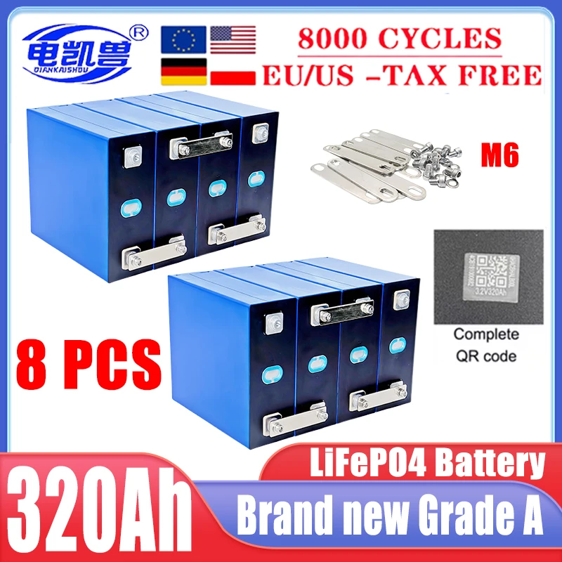 

8 PCS 320ah 8000 cycle LiFePO4 3.2v rechargeable battery, suitable for DIY 12V 24V 48V caravan marine solar energy system no tax