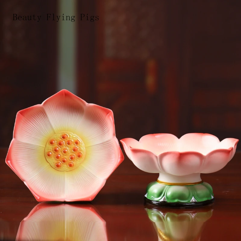 Ceramics Buddha's Front Offering Fruit Tray Table Decorations for Buddhist Temples Lotus Shaped Chinese Style Living Room Decor