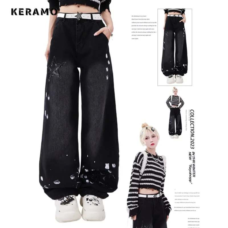 

Vintage High Waist Stars Tassels High Street Style Straight Jeans Korean Fashion Pants Women's Wide Leg Baggy Y2K Denim Trouser