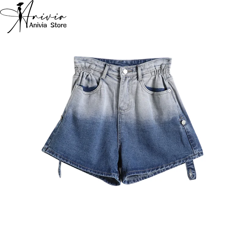 

Women's Streetwear Harajuku Denim Shorts Blue Gradient High Waist Y2K Curled Spicy Girl Jeans Shorts Summer Casual Loose Shorts