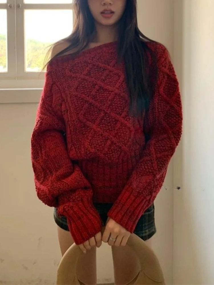 Aesthetic Vintage Sexy Off Shoulder Red Sweater Women Retro Solid Long Sleeve Y2k Pullover Harajuku Casual Fashion Sweet Clothes