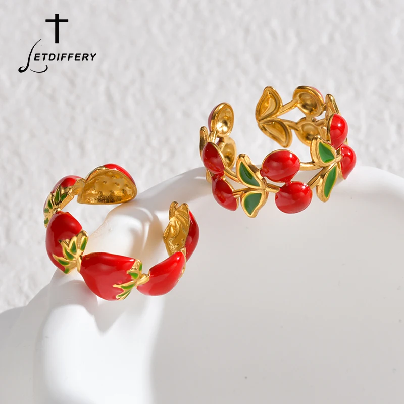 Letdiffery Fashion Strawberry Cherry Fruit Rings for Women Stainless Steel Cute Sweet Adjustable Open Gold Color Rings Jewelry