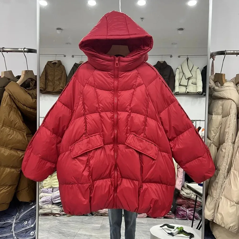 New Winter Women White Duck Down Jacket Hooded Plus Size Warm Oversize Puffer Coat Female Casual Loose Parkas Pocket Outerwear