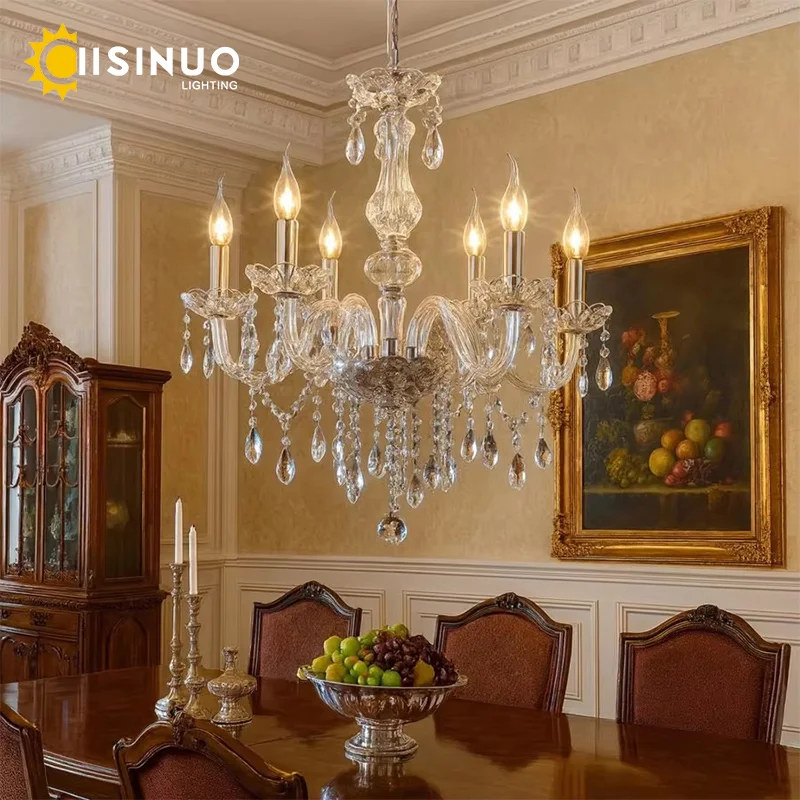 Luxury Crystal Chandelier Clear Glass Hanging Light Dining Room Decor Pendant Lamp E14 Bulb Lighting Fixture for Home Living Roo