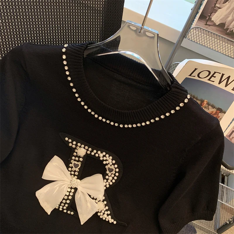 Pearl Beaded Bow Knit Sweater Women T-shirt Pullovers Stylish Elegant Fashion Chic Tees Tops 2024 Summer Short Sleeve Knitwear