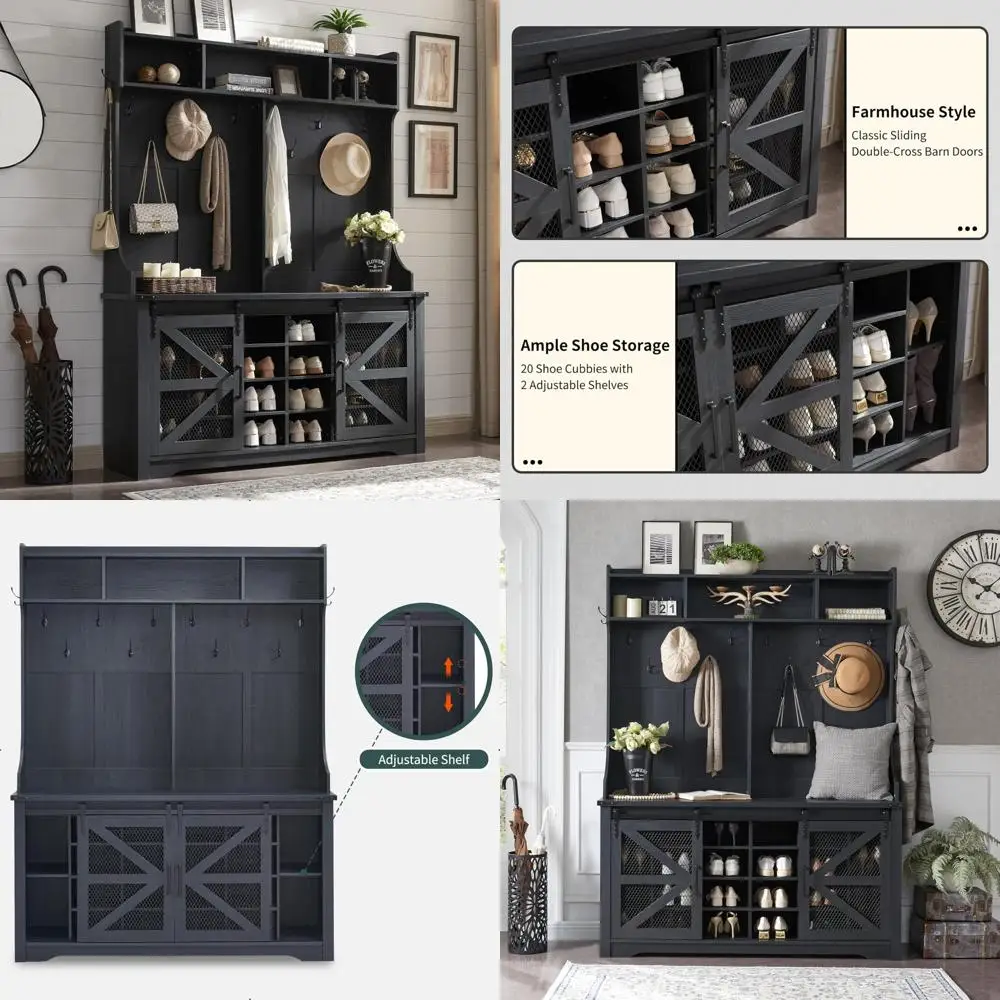 Farmhouse Style Entryway Bench with Shoe Storage, 20 Cubbies, 12 Hooks, and Sliding Barn Door Coat Rack