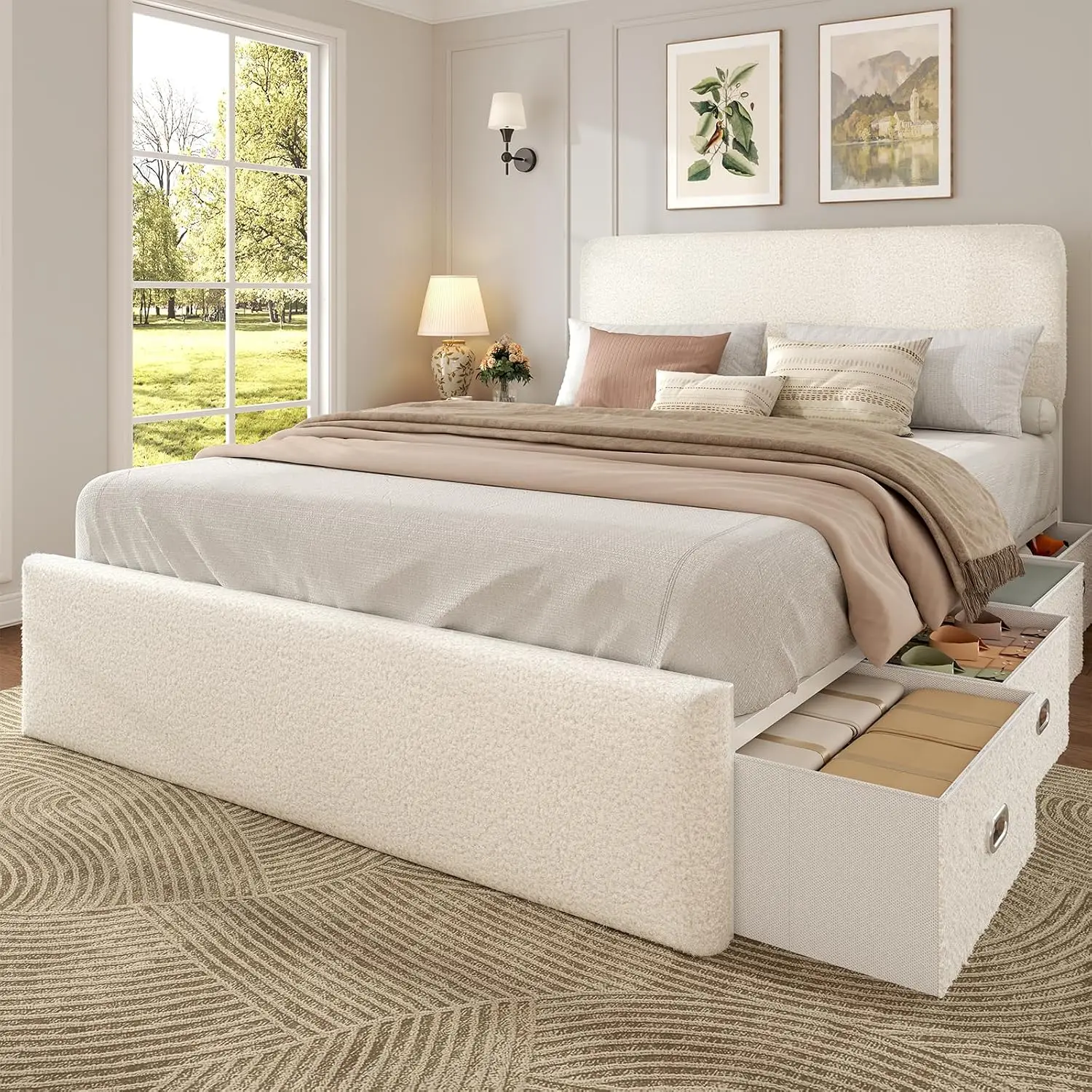Queen Bed Frame with 8 Storage Drawers & Headboard, Beige, Customized
