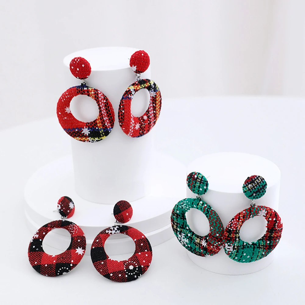 Colorful Christmas Plaid Round Earring Lightweight Versatile Ear Accessories For New Year Party