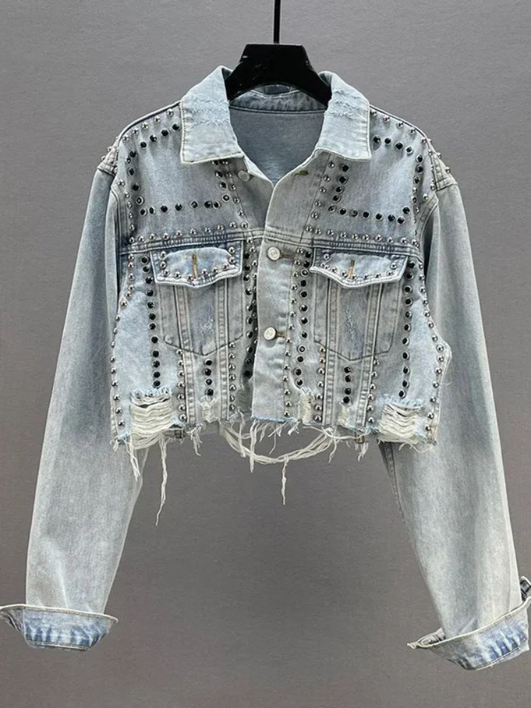 

Womens Denim Jacket 2024 Spring Summer New In Heavy Industry Rivet Studded Jean Jacket Women Worn Nail Bead Jean Jacket Top