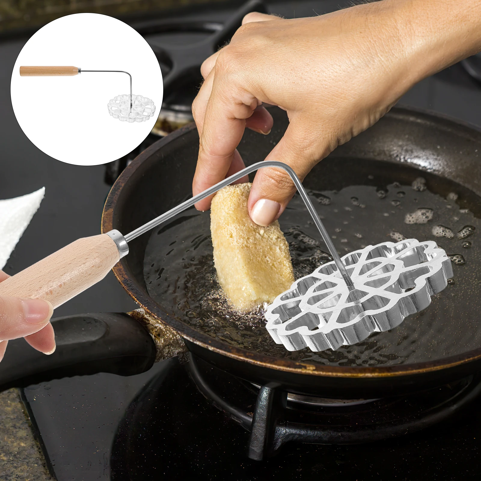 

Premium Stainless Steel Frying Flat Pancake Spoon Non-Stick Kitchen Cooking Utensil Wood Handle Frying Snack Spoon Kitchen