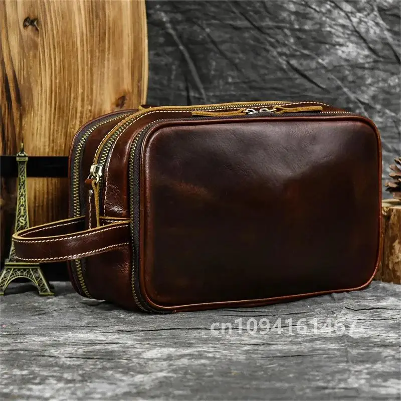 Neceser de piel de vaca para hombre, bolsa de cosméticos de cuero para hombre y mujer, bolsas de almacenamiento, bolso de cuero genuino para maquillaje, Kit Dopp para hombre