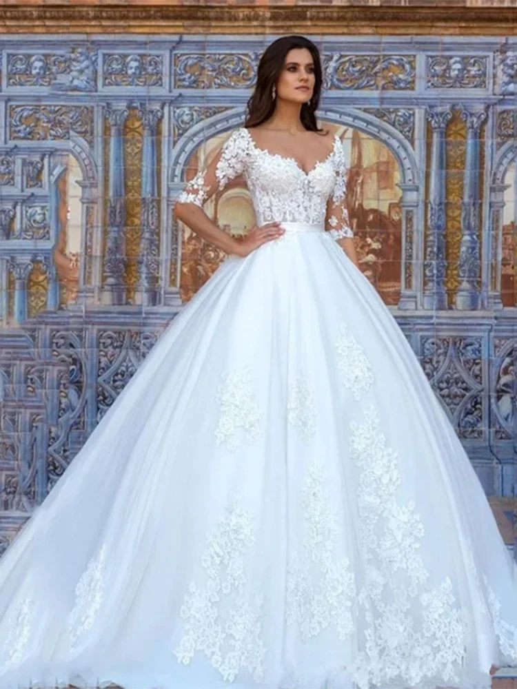 Gaun pernikahan A Line 2024 elegan gaun pengantin lengan 1/2 applique renda kerah v gaun pengantin Putri Robe De Mariee mewah dibuat sesuai pesanan