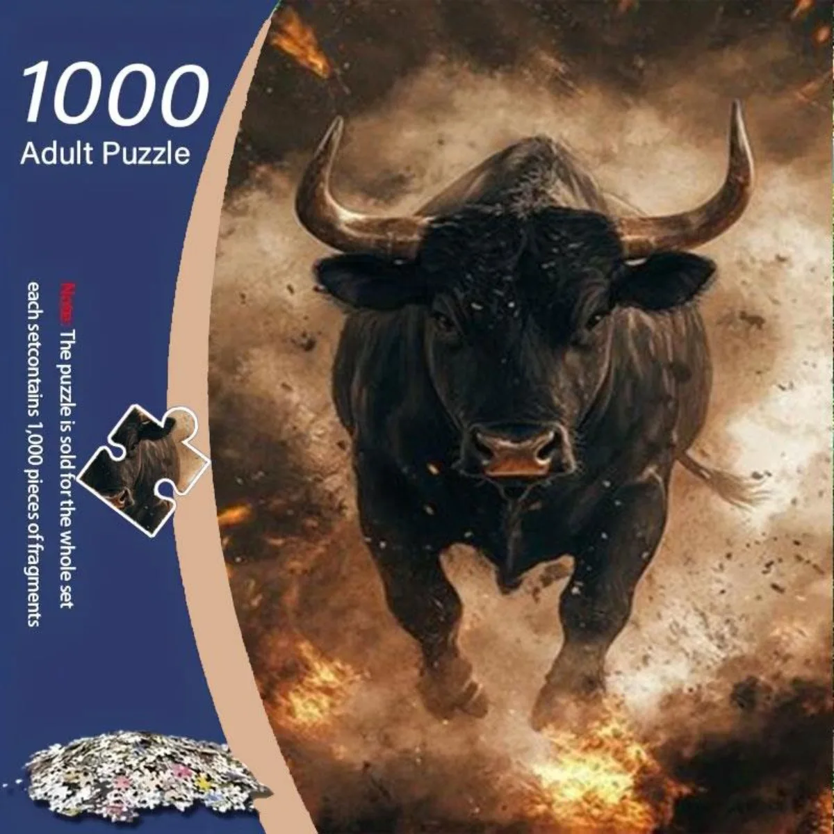 1000pcs Adult Puzzle - Blazing Bull in Smoke, Frameless Large Jigsaw Puzzle with Dynamic Action Scene, Challenging Puzzle for