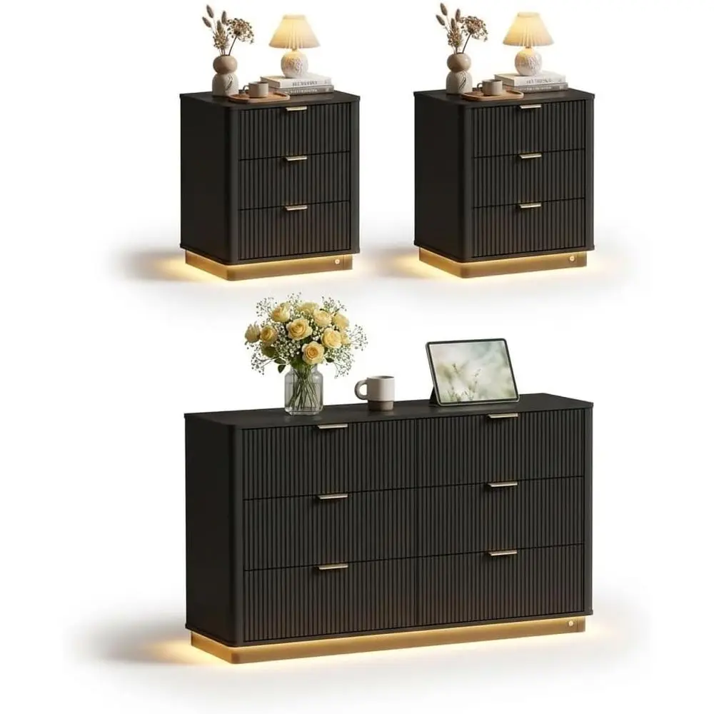 

3 Pcs Bedroom Set with with Charging Station, Night Stand Set o 2 & 6 Der Drer with Gold Handles, Wood Chest o Ders ern Storage