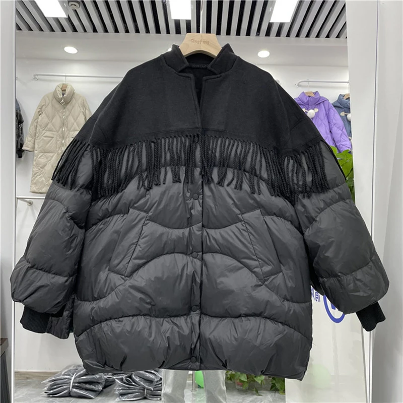 겨울 양면 태슬 중간 길이 다운 재킷 여성 화이트 덕다운 스탠드 칼라 따뜻한 재킷 여성 파카 퀼팅 아우터