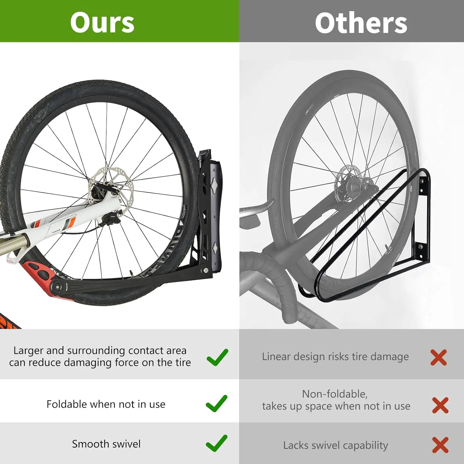 BIKEPAL bastidores de bicicleta giratorios, solución de almacenamiento de bicicleta montada en la pared sin elevación para el hogar, colgador de bicicleta de garaje, paquete de 4