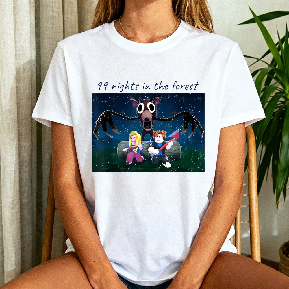 

Женская футболка с оленем на Хэллоуин, забавная ночная футболка с жутким лесом, 99-ночей, игровая рубашка на Хэллоуин, дизайнерские рубашки для женщин, топы