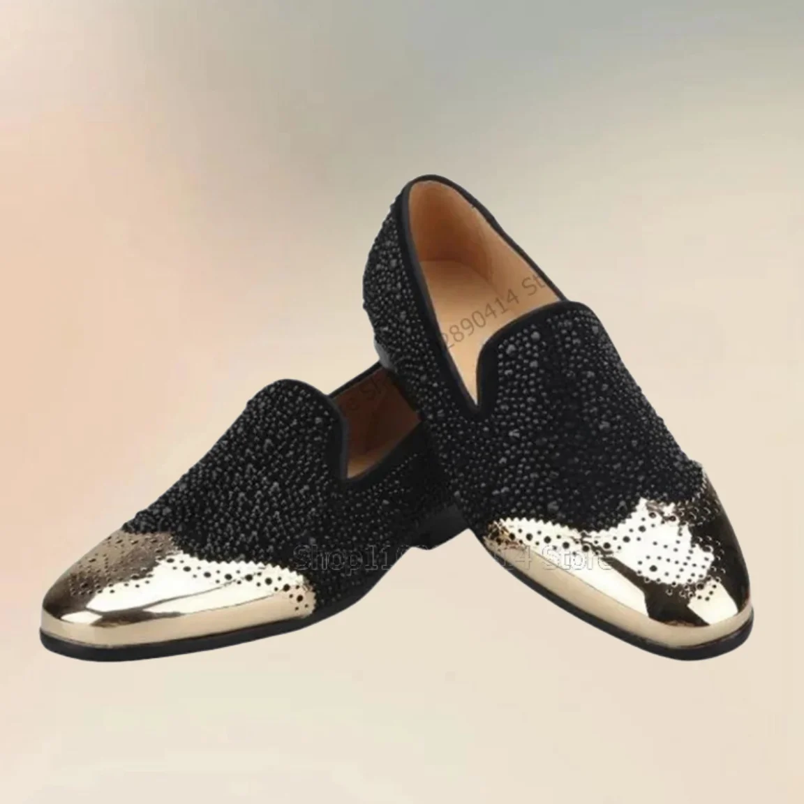 Black Rivets Gold Pointed Toe Breathable Loafers Fashion Slip On Men Shoes Luxury Handmade Party Banquet Office Men Dress Shoes